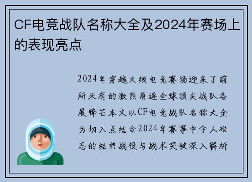 CF电竞战队名称大全及2024年赛场上的表现亮点